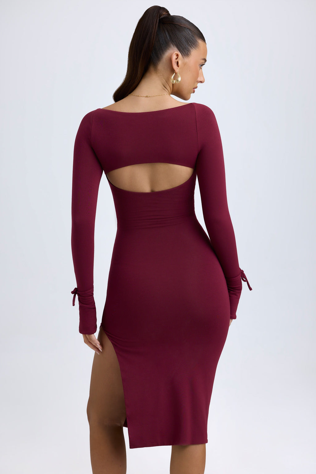 Chic Modal Square-Neck Long-Sleeve Midi Dress in Wine Red