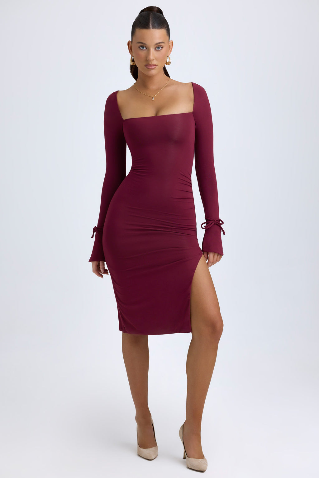 Chic Modal Square-Neck Long-Sleeve Midi Dress in Wine Red
