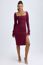Chic Modal Square-Neck Long-Sleeve Midi Dress in Wine Red