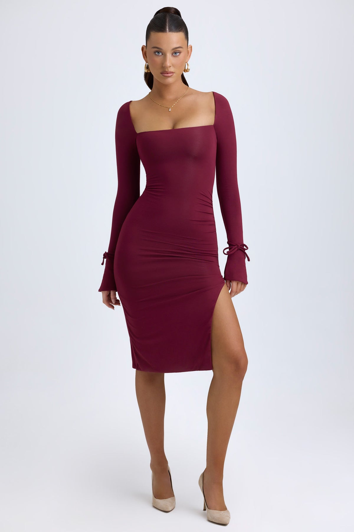 Chic Modal Square-Neck Long-Sleeve Midi Dress in Wine Red