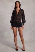 Chic Sheer Lace Plunge-Neck Loose-Fit Playsuit in Black