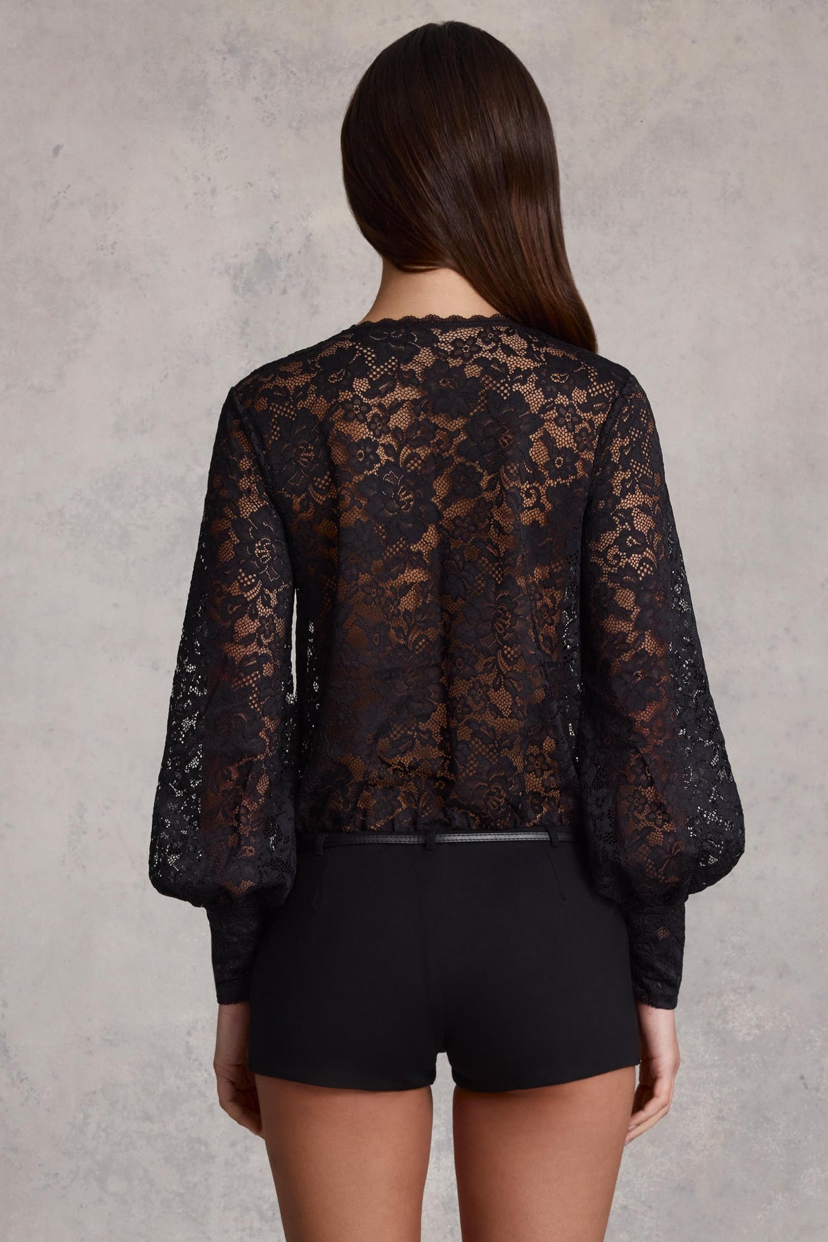Chic Sheer Lace Plunge-Neck Loose-Fit Playsuit in Black