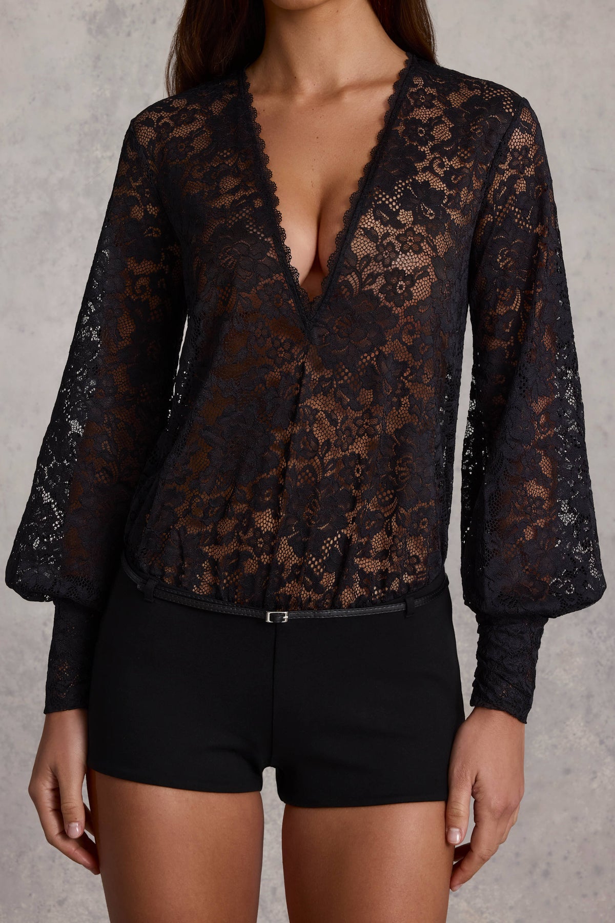 Chic Sheer Lace Plunge-Neck Loose-Fit Playsuit in Black
