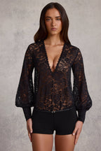 Chic Sheer Lace Plunge-Neck Loose-Fit Playsuit in Black