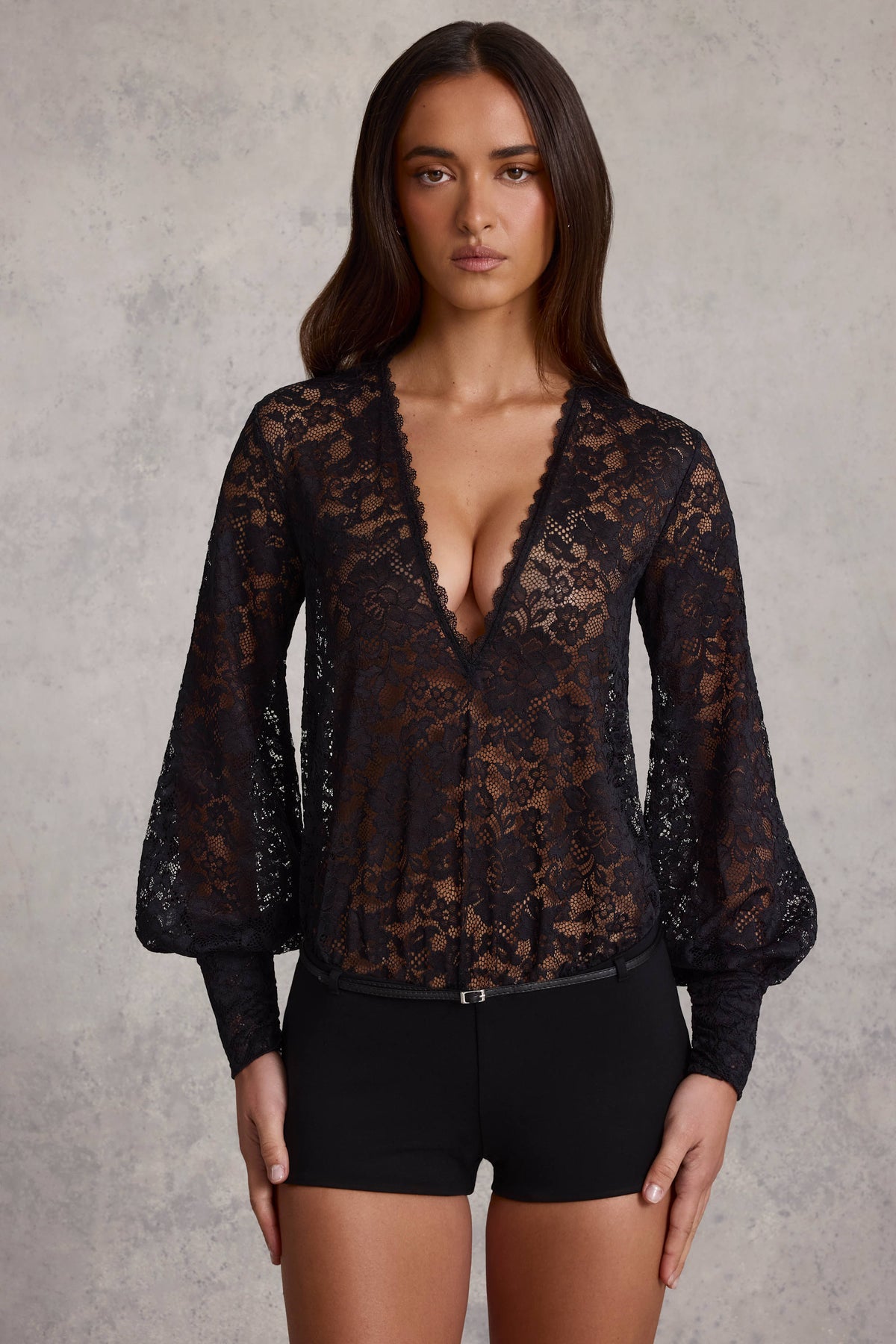 Chic Sheer Lace Plunge-Neck Loose-Fit Playsuit in Black