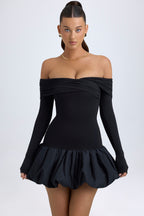 Chic Modal Off-Shoulder Bubble Hem Mini Dress in Black