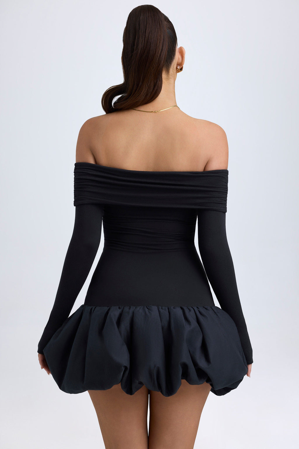 Chic Modal Off-Shoulder Bubble Hem Mini Dress in Black