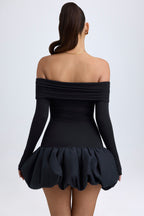 Chic Modal Off-Shoulder Bubble Hem Mini Dress in Black