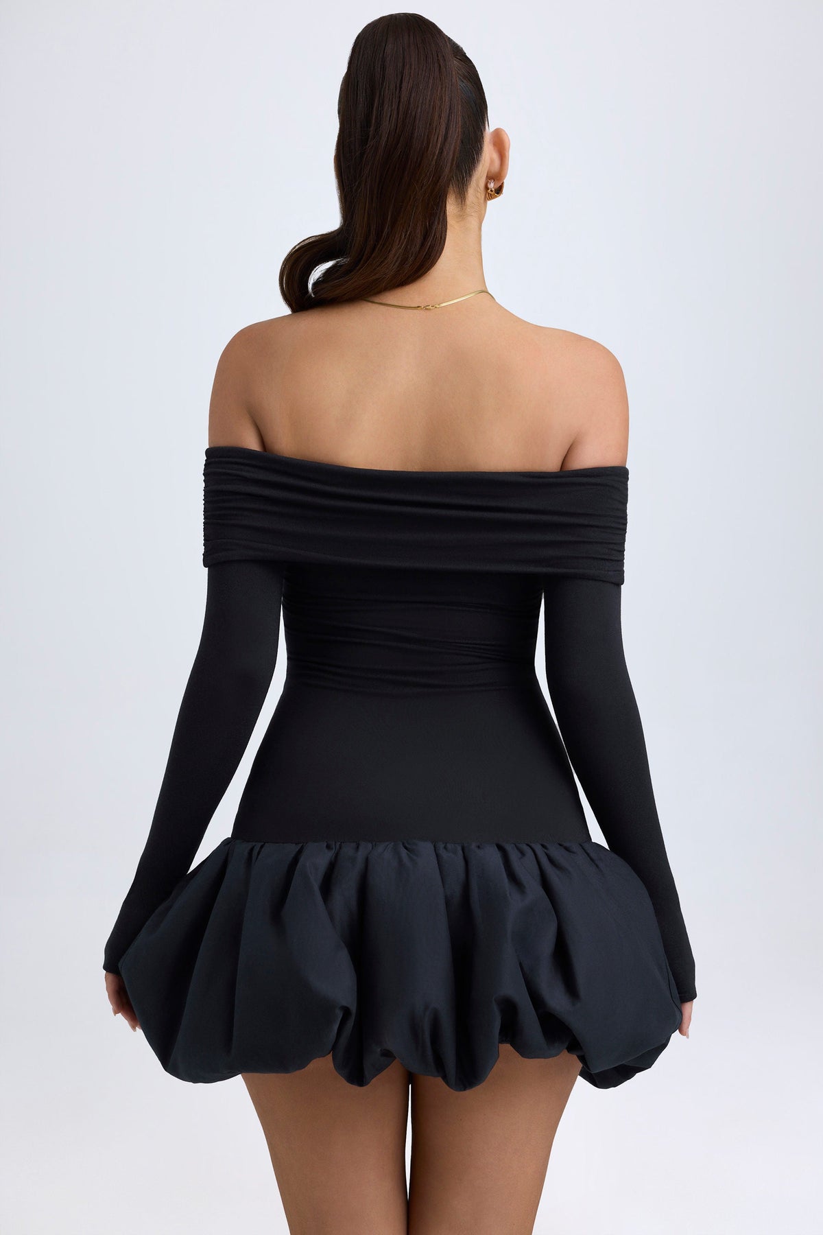 Chic Modal Off-Shoulder Bubble Hem Mini Dress in Black
