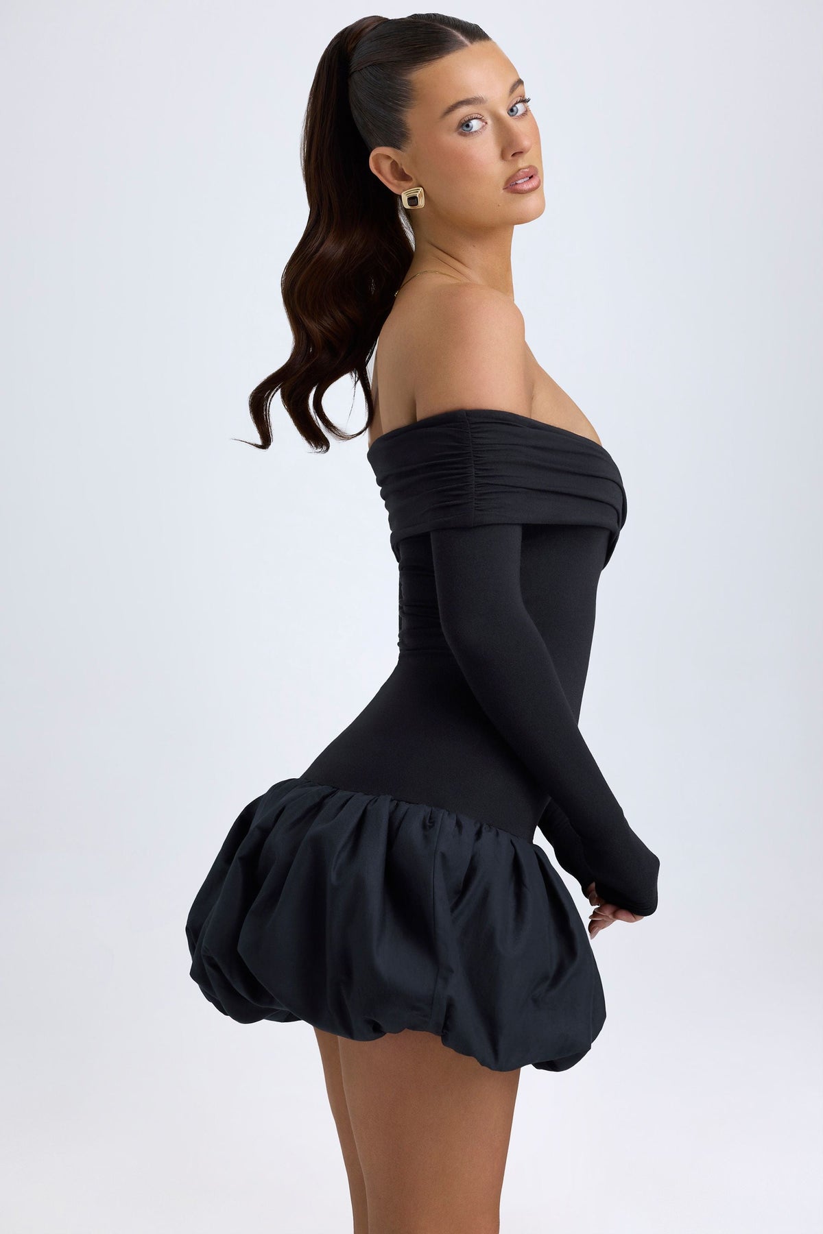 Chic Modal Off-Shoulder Bubble Hem Mini Dress in Black