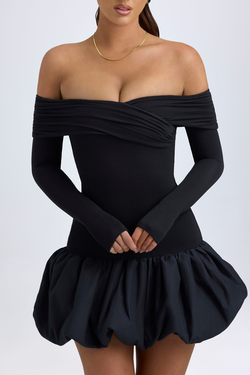 Chic Modal Off-Shoulder Bubble Hem Mini Dress in Black