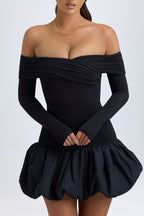 Chic Modal Off-Shoulder Bubble Hem Mini Dress in Black