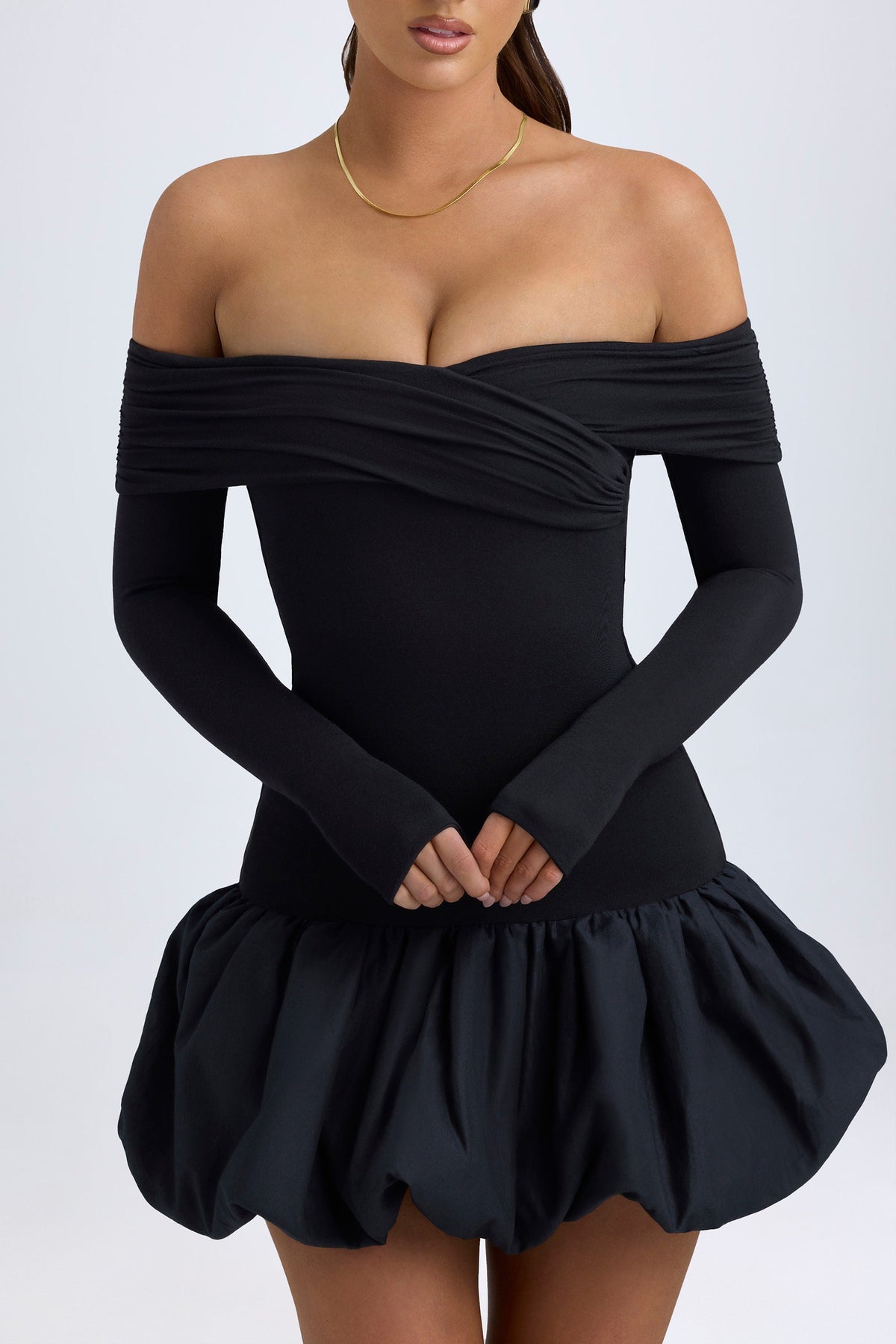 Chic Modal Off-Shoulder Bubble Hem Mini Dress in Black