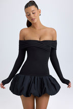 Chic Modal Off-Shoulder Bubble Hem Mini Dress in Black