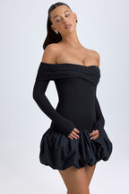 Chic Modal Off-Shoulder Bubble Hem Mini Dress in Black