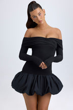 Chic Modal Off-Shoulder Bubble Hem Mini Dress in Black
