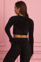 Chic Fluffy Knit Cropped Cardigan in Black