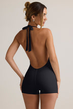 Chic Modal Ribbed Backless Playsuit in Black