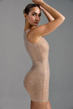 Chic Embellished Square-Neck Mini Dress in Almond