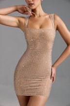 Chic Embellished Square-Neck Mini Dress in Almond