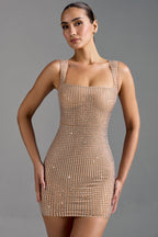 Chic Embellished Square-Neck Mini Dress in Almond