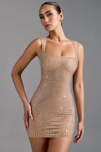 Chic Embellished Square-Neck Mini Dress in Almond