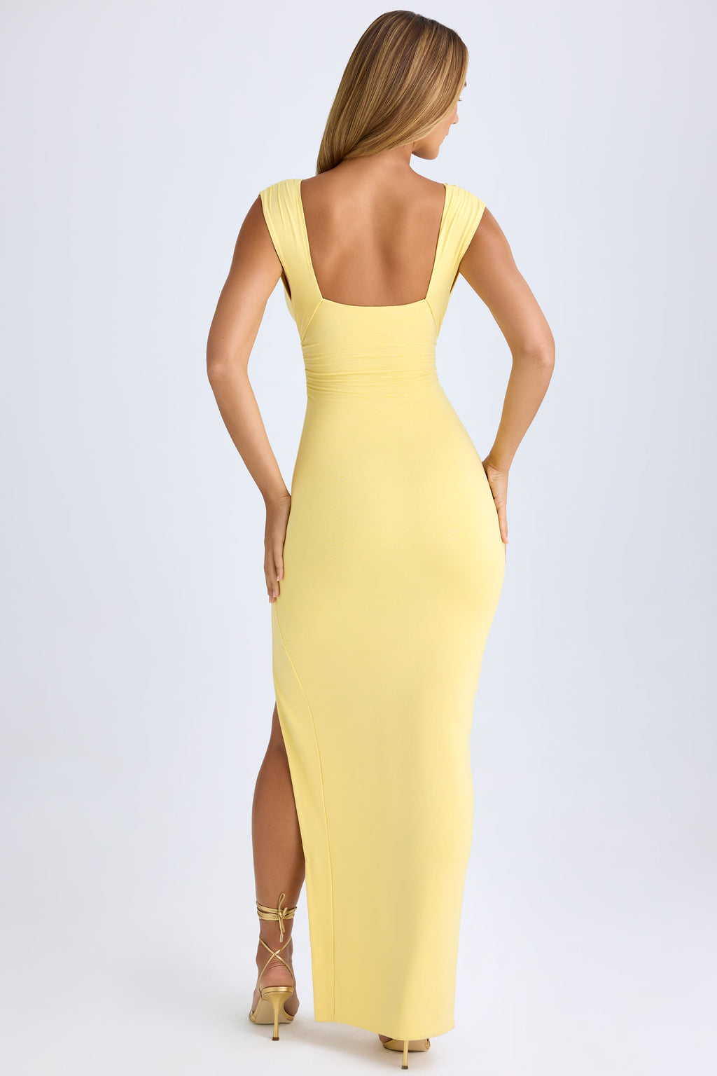 Chic Modal Plunge-Neck Thigh-Split Maxi Dress in Lemon Sherbet