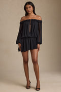 Chic Off-Shoulder Asymmetric Balloon-Sleeve Mini Dress in Black