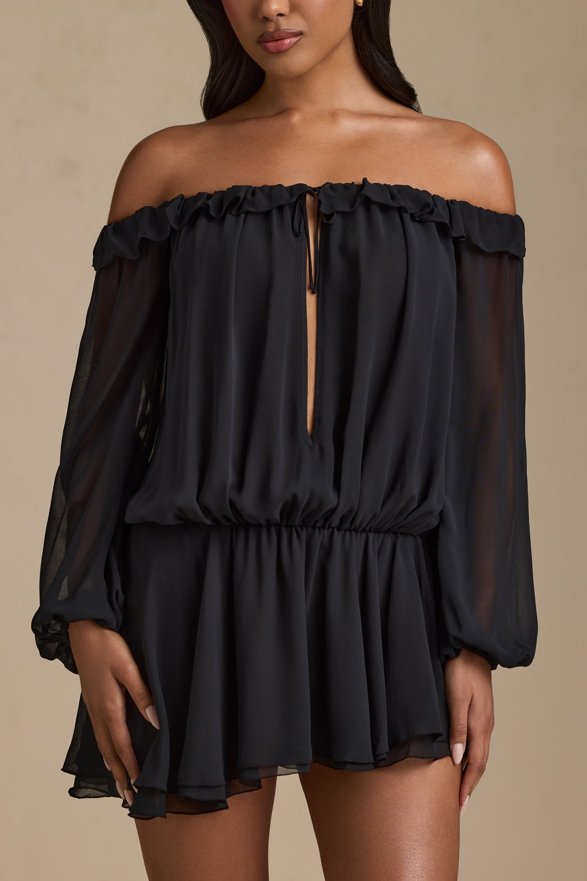 Chic Off-Shoulder Asymmetric Balloon-Sleeve Mini Dress in Black