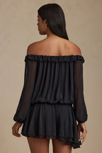 Chic Off-Shoulder Asymmetric Balloon-Sleeve Mini Dress in Black