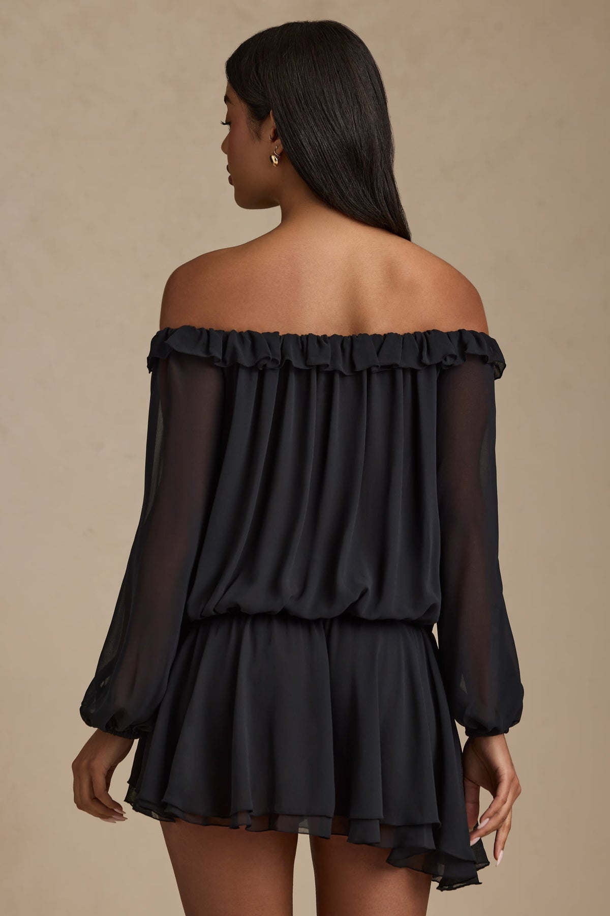 Chic Off-Shoulder Asymmetric Balloon-Sleeve Mini Dress in Black