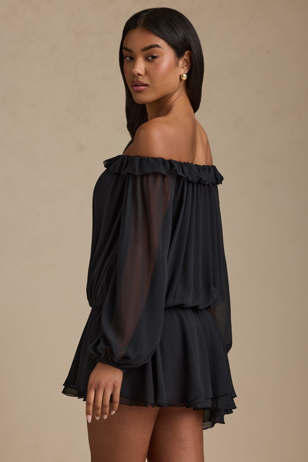 Chic Off-Shoulder Asymmetric Balloon-Sleeve Mini Dress in Black