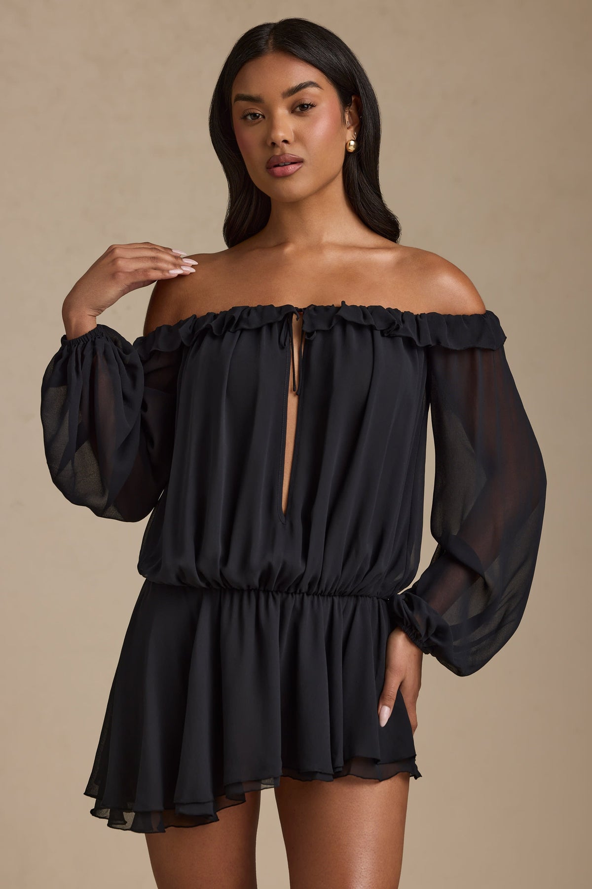 Chic Off-Shoulder Asymmetric Balloon-Sleeve Mini Dress in Black