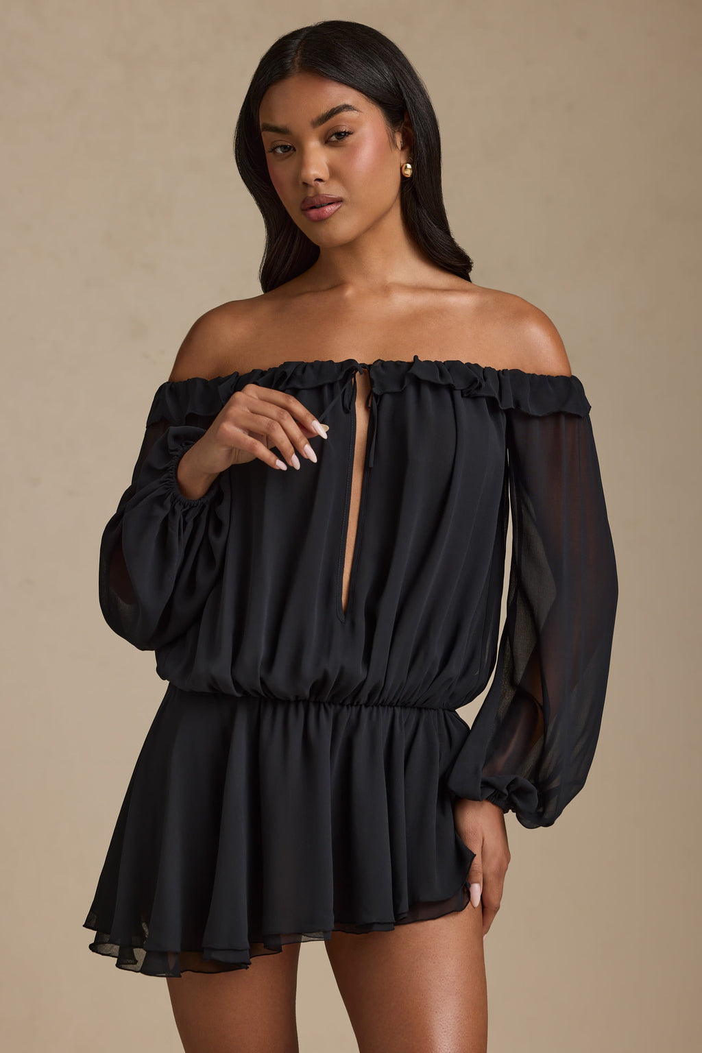 Chic Off-Shoulder Asymmetric Balloon-Sleeve Mini Dress in Black