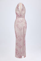 Chic Embellished Cowl-Neck Maxi Dress in Pink White Hotfix