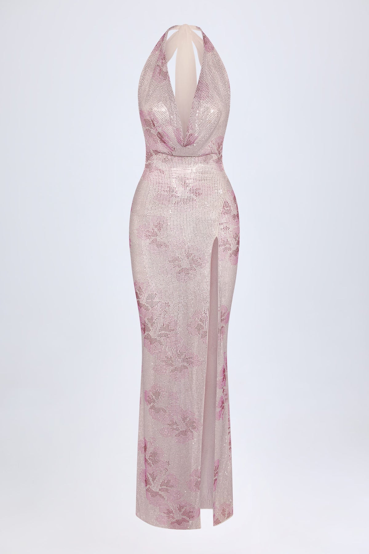 Chic Embellished Cowl-Neck Maxi Dress in Pink White Hotfix