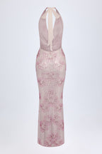 Chic Embellished Cowl-Neck Maxi Dress in Pink White Hotfix