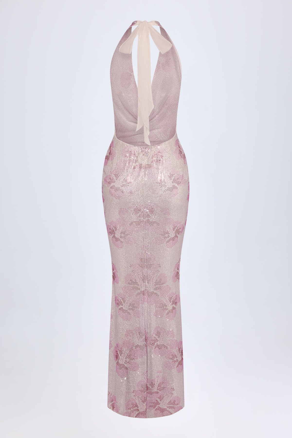 Chic Embellished Cowl-Neck Maxi Dress in Pink White Hotfix