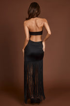 Chic Fringed Plunge-Neck Maxi Dress in Black