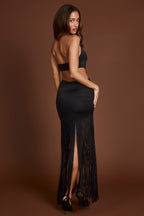 Chic Fringed Plunge-Neck Maxi Dress in Black