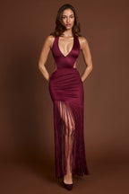 Chic Fringed Plunge-Neck Maxi Dress in Wine Red