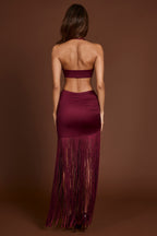 Chic Fringed Plunge-Neck Maxi Dress in Wine Red