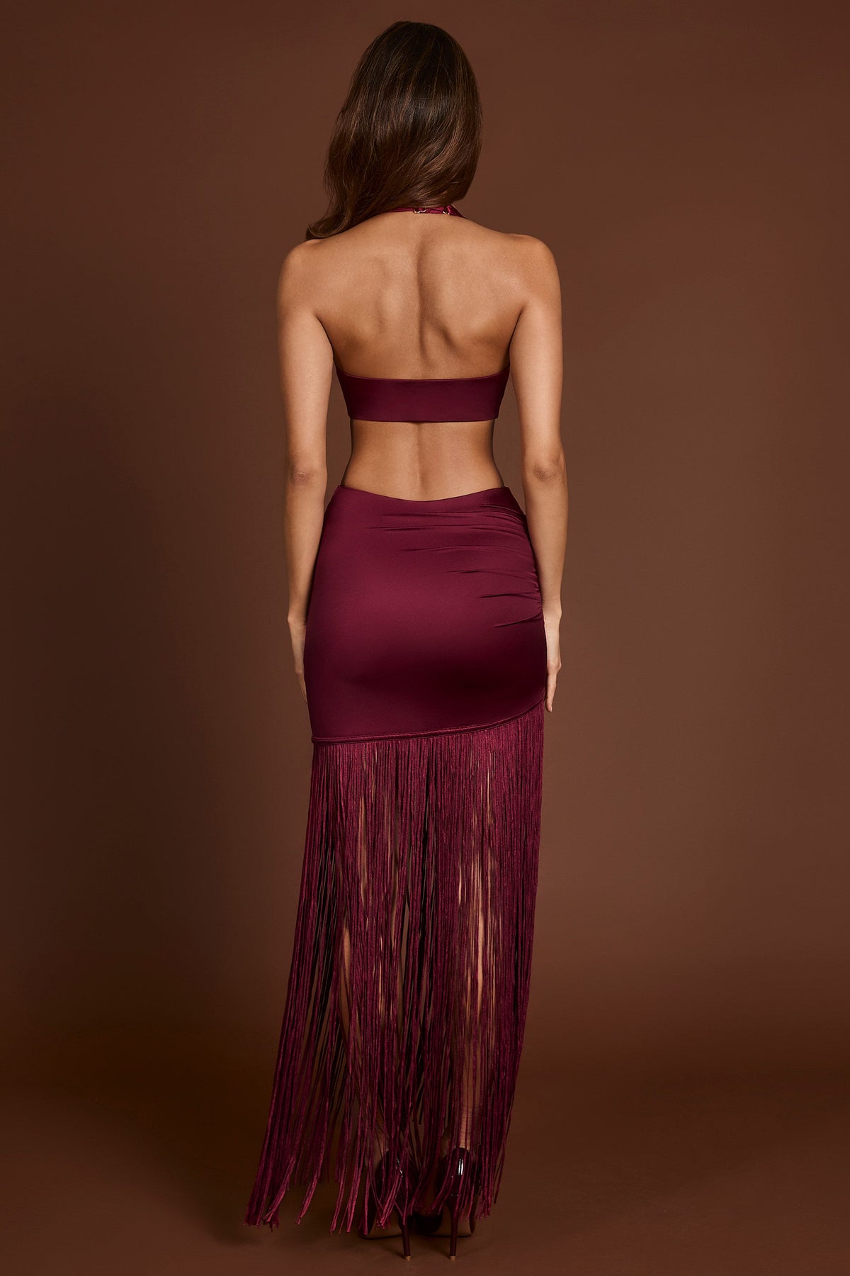 Chic Fringed Plunge-Neck Maxi Dress in Wine Red