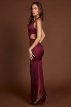 Chic Fringed Plunge-Neck Maxi Dress in Wine Red