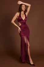 Chic Fringed Plunge-Neck Maxi Dress in Wine Red