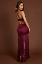 Chic Fringed Plunge-Neck Maxi Dress in Wine Red