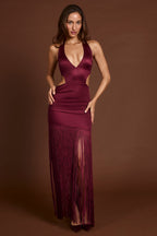 Chic Fringed Plunge-Neck Maxi Dress in Wine Red