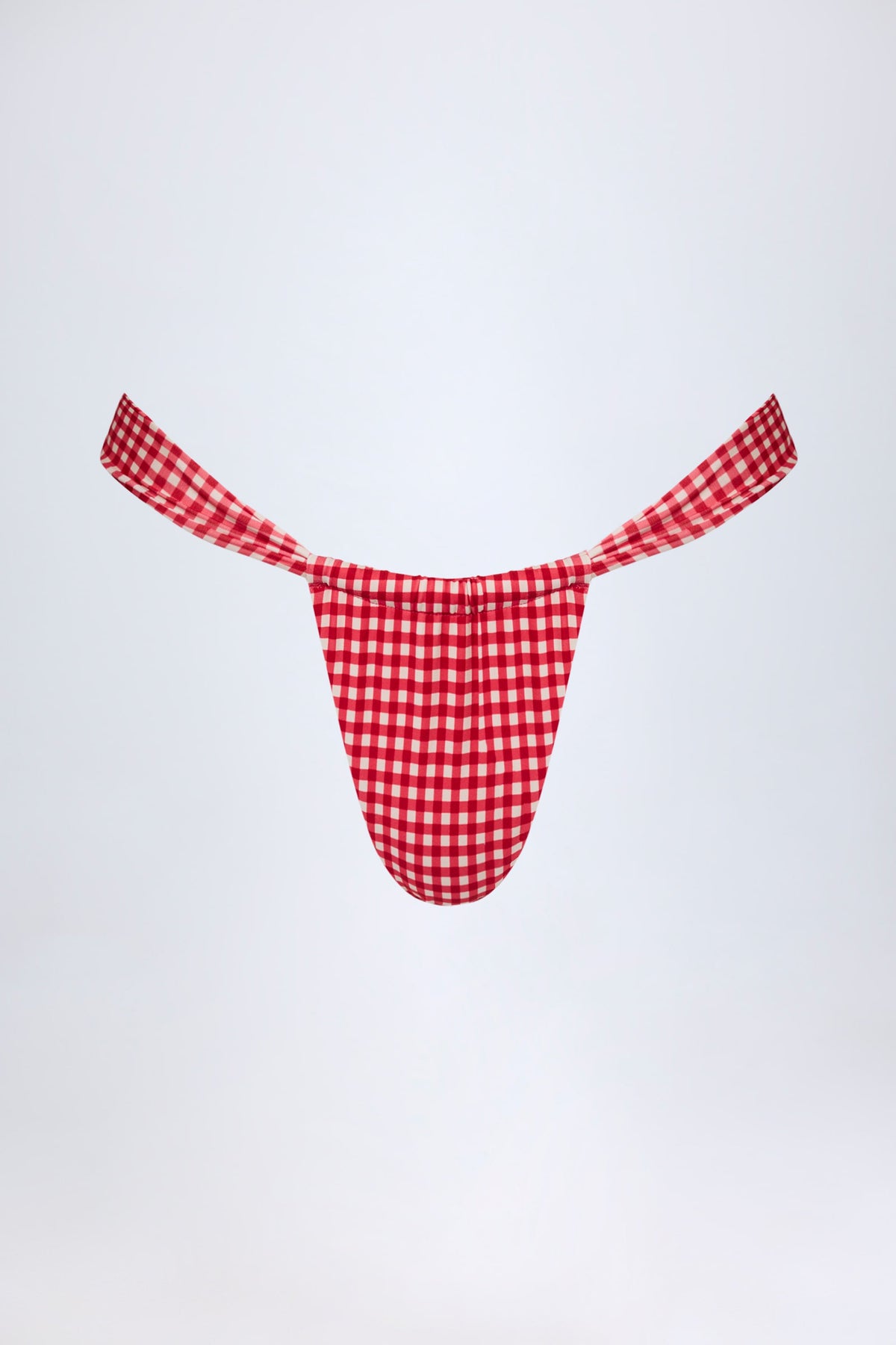 Chic Ruched Thong Bikini Bottoms in Red Gingham