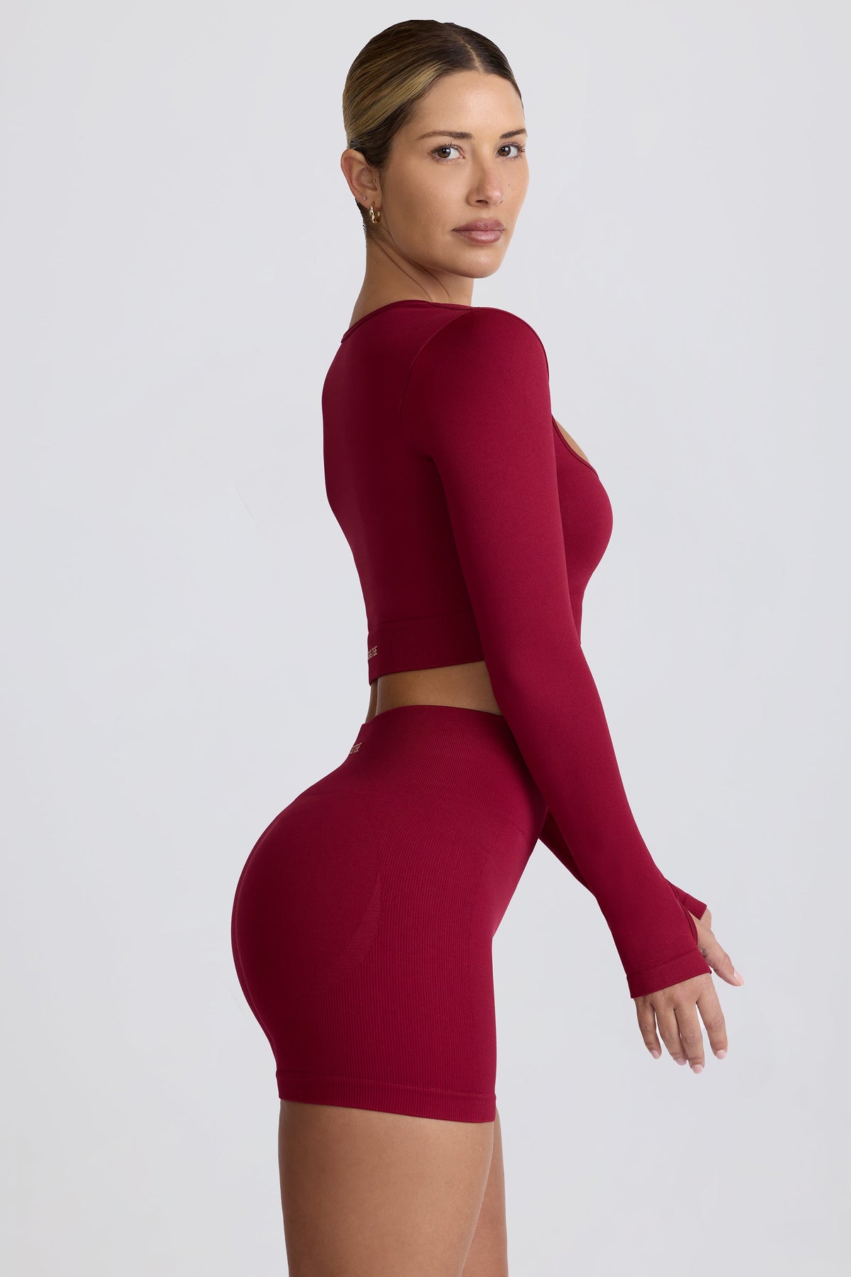 Chic Super Sculpt Seamless Long-Sleeve Crop Top in Burgundy
