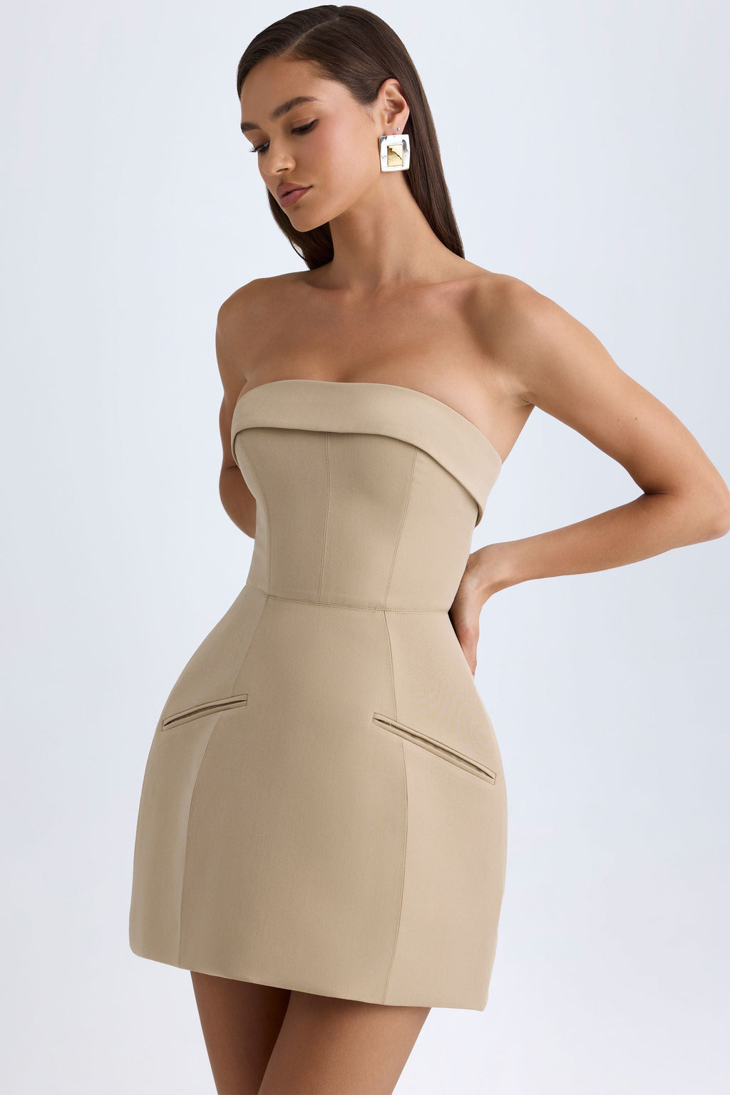 Chic Foldover-Neck Structured Tulip Mini Dress in Camel